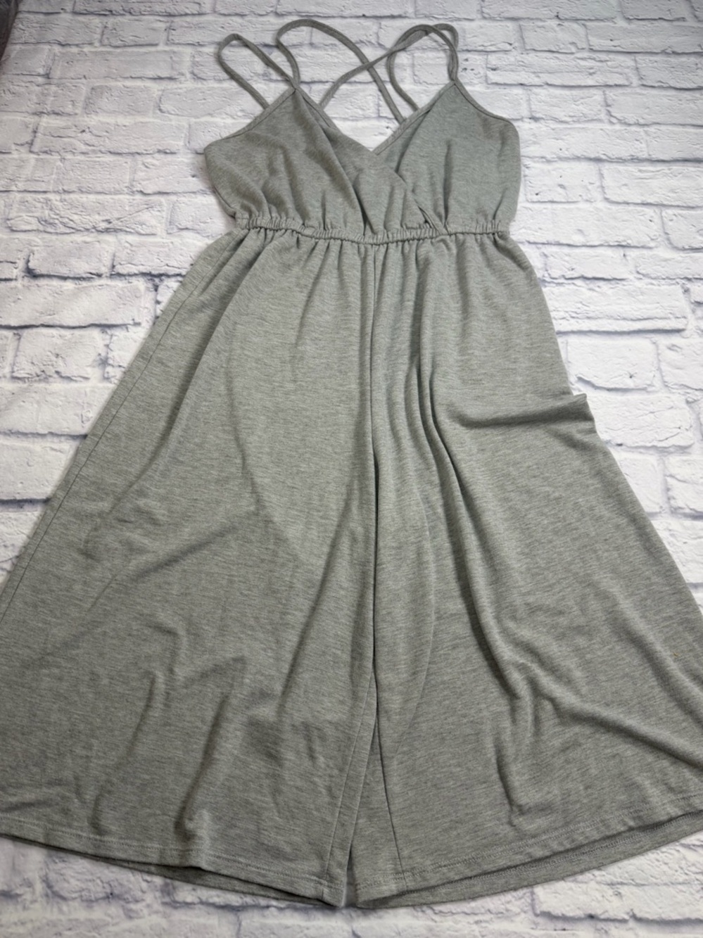 Paper Crane Gray Gaucho Jumper. Sleeveless. Criss Cross Back. Size L. USA Made.